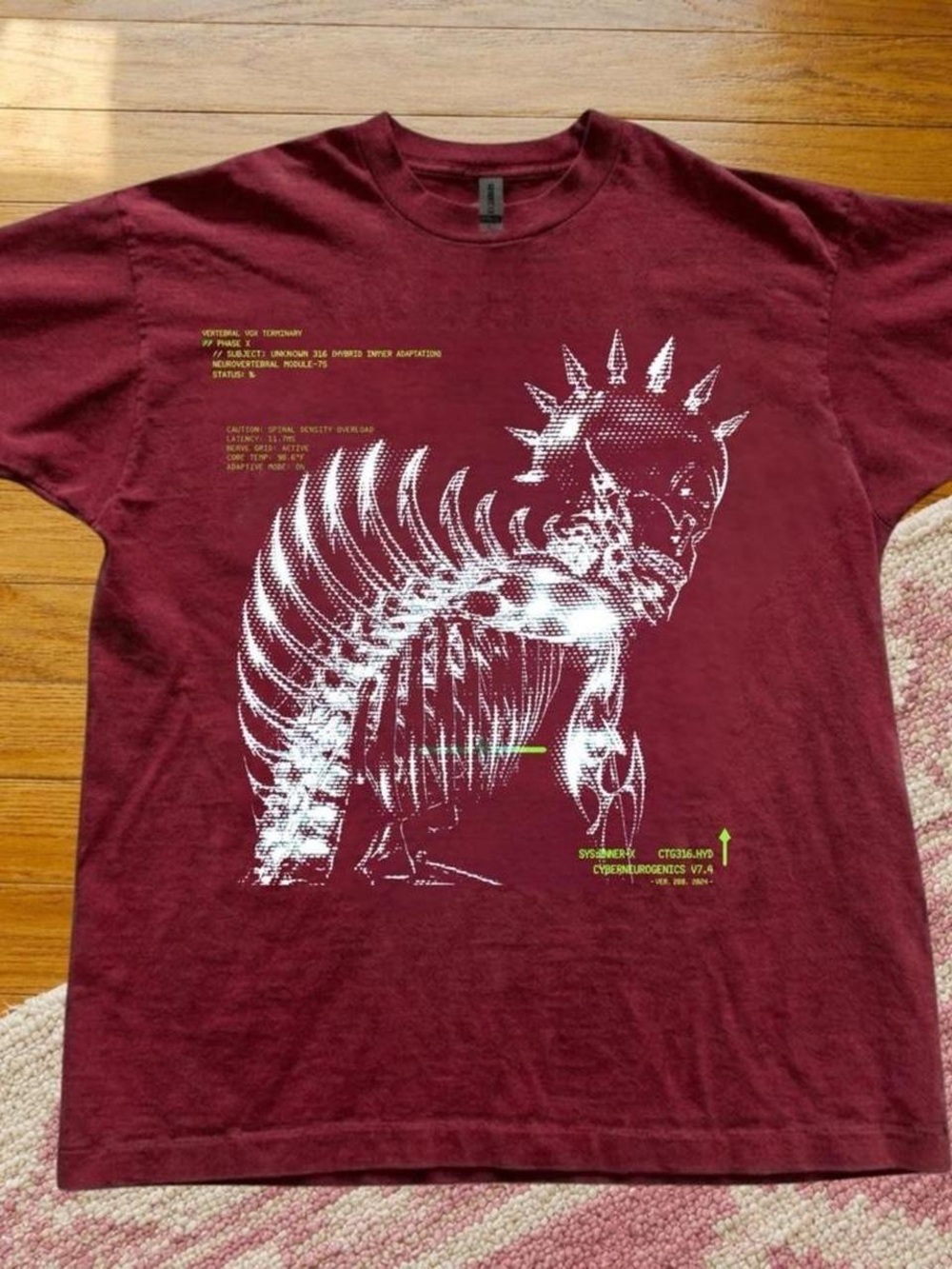 Gildan Maroon Tee with White Reptile Spine Graphic